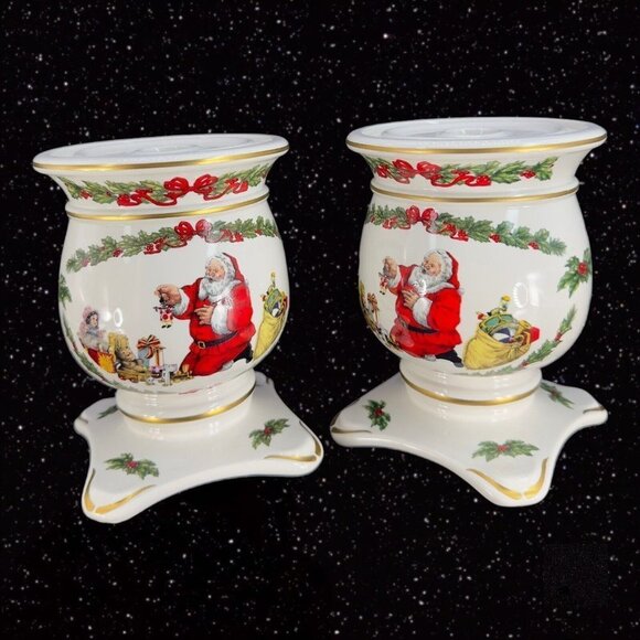 FRANKLIN MINT 1992 Porcelain Candle Stick Holder Night Before Christmas Set 2 - Picture 13 of 14